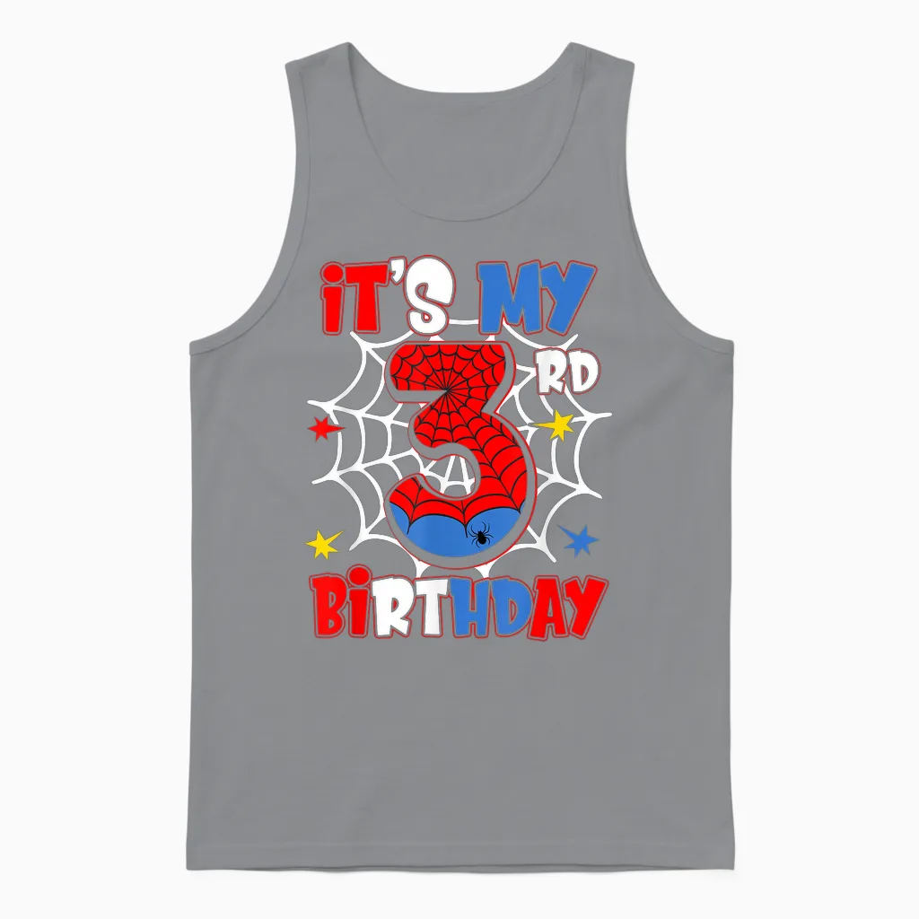 It's My 3rd Birthday Spider Theme Party 3 Year Old Boys Unisex Tank Top in Sport Grey