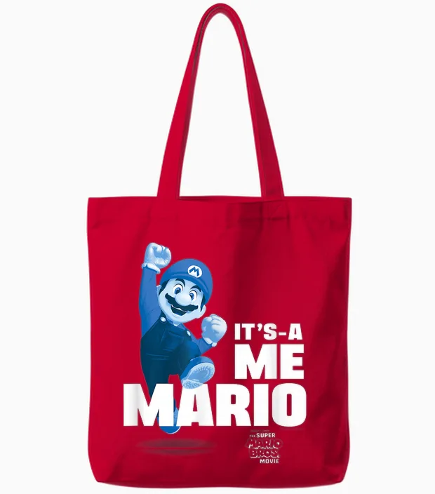 The Super Mario Bros. Movie It's-A Me Mario Portrait T-Shirt, Blue Tote Bags in Red