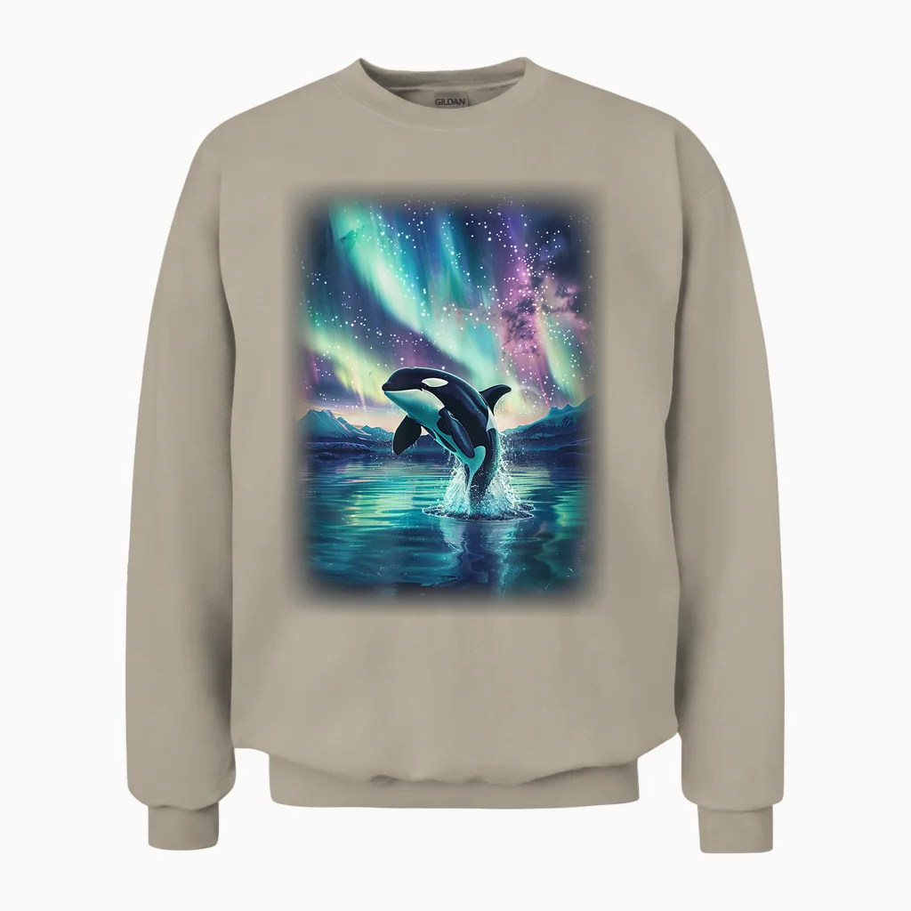 Orca T with a Northern Lights Orca T-Shirt, Black Unisex Sweatshirt in Sand