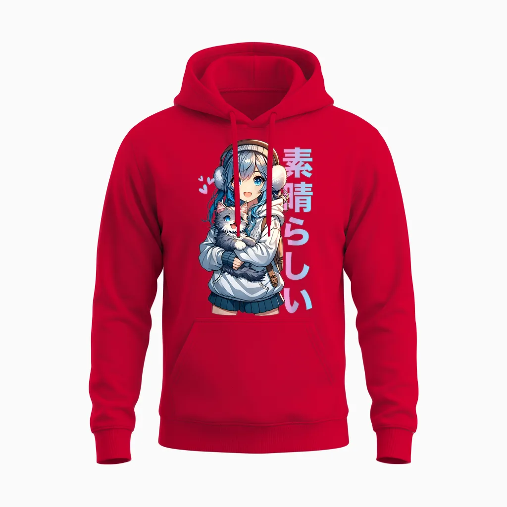 Cute Anime Girl with Cat for Cat Lover Kawaii Otaku Manga T-Shirt, Black Unisex Hoodie in Red