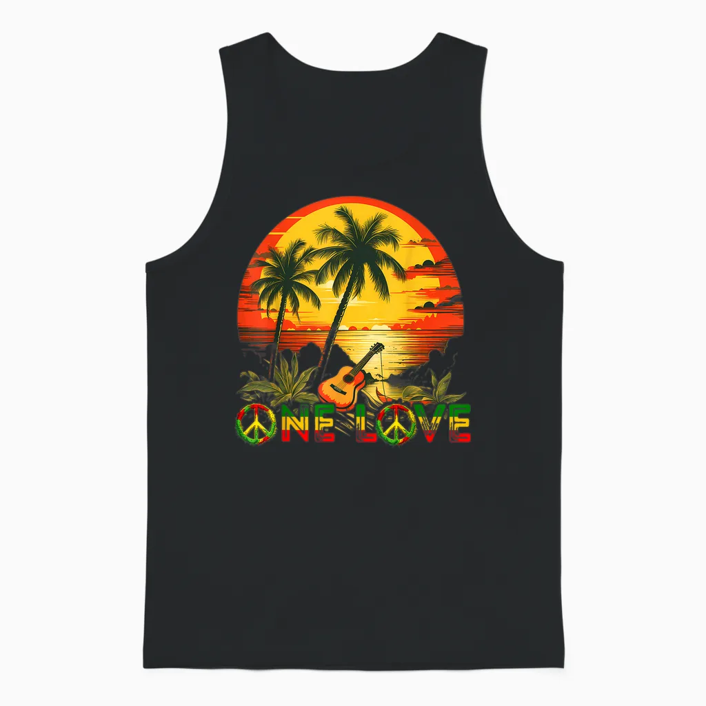 Rasta Reggae Sunset Guitarist Guitar Jamaica Reggae Music T-Shirt, Black Unisex Tank Top in Black