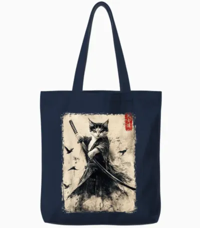 Samurai Cat Graphic Tee Warrior Vintage Japanese Art Anime Tote Bags - Navy