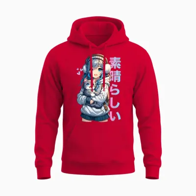 Cute Anime Girl with Cat for Cat Lover Kawaii Otaku Manga T-Shirt, Black Unisex Hoodie - Red