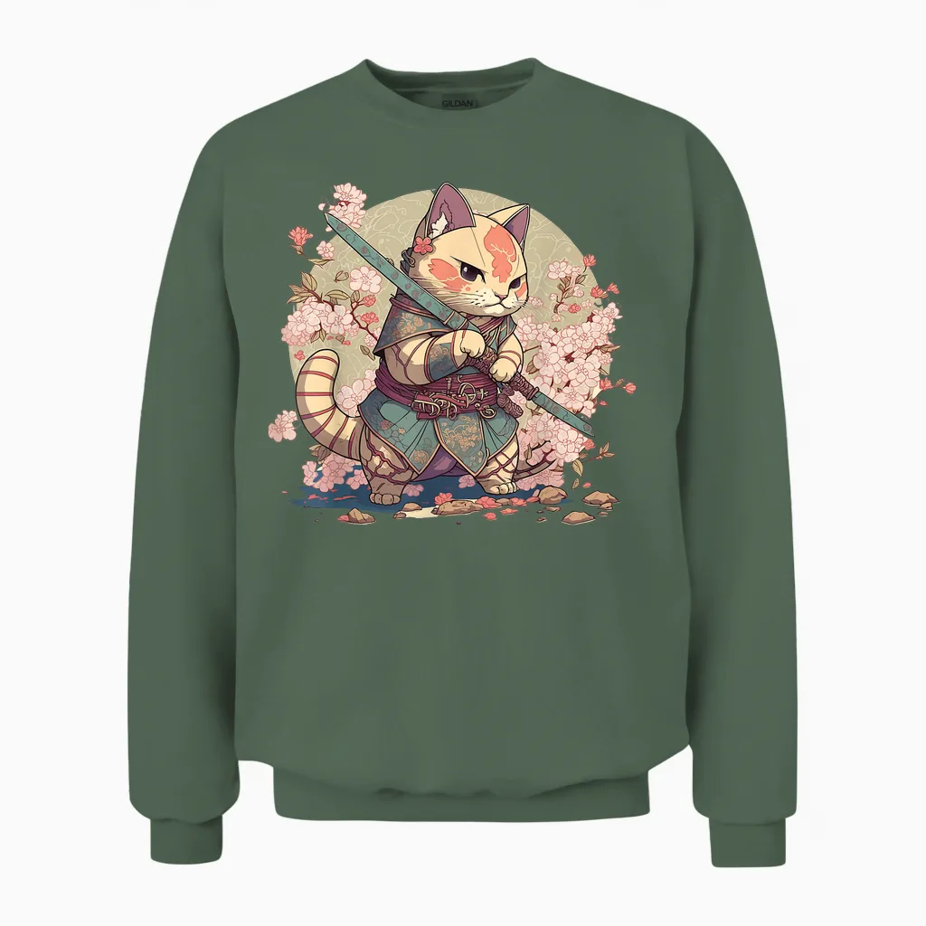 Japanese Samurai Warriors & Funny Kawaii Animes Samurai Cat Warrior Japanische Ninja-Katze Kawaii T-Shirt Schwarz Unisex Erwachsene Und Kinder Kurzarm T-Shirt Klein Unisex Sweatshirt in Military Green