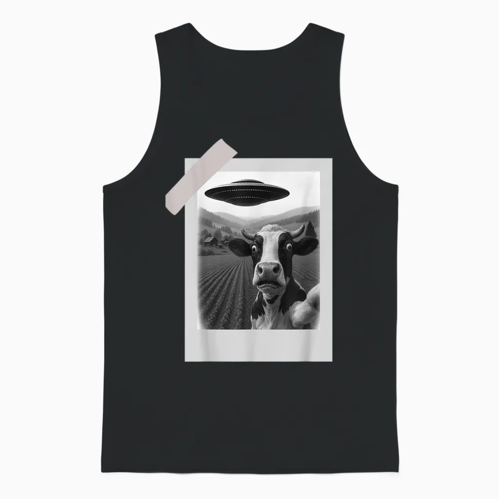 Funny Ufo Cow Selfie | Alien Abduction Farm Unisex Tank Top in Black