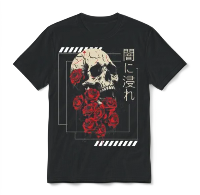 Skull Grunge Aesthetic Roses Japanese Gothic Soft Unisex T-Shirt - Black