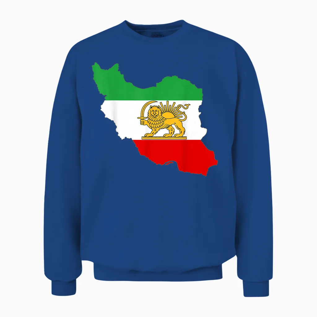 Iran Map with Lion and Sun Emblem, Persian Unisex Sweatshirt in Royal