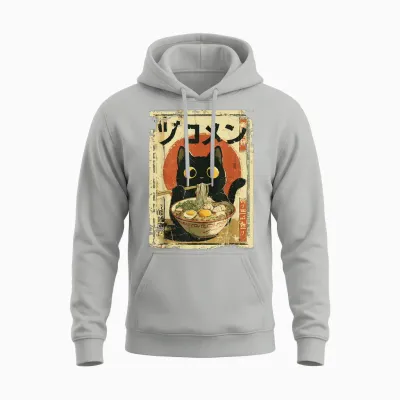 Kawaii Cat Eating Noodles Ramen Funny Vintage Anime Japanese Unisex Hoodie - Ash