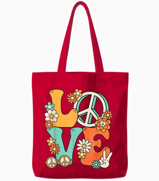 60s 70s Hippie Love Peace Groovy Party Outfit Retro T-Shirt, Black Tote Bags in Red