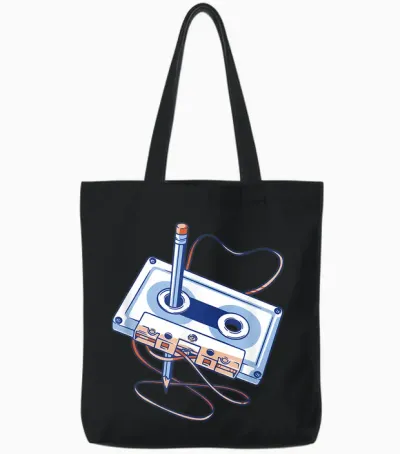 Cassette Tape Pencil Old School Throwback Retro Floppy Disk T-Shirt, Black Tote Bags - Black