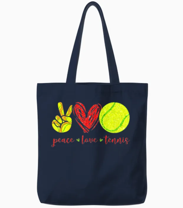 Peace Love Tennis Cute Tennis Lovers Tote Bags in Navy