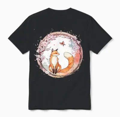 Kawaii Japanese Fox Butterfly Cherry Blossom T-Shirt, Black Unisex T-Shirt - Black