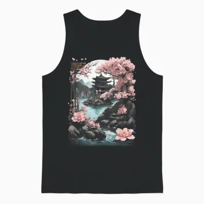 Japanese Chinese Temple Sakura Cherry Blossom Landscape T-Shirt, Black Unisex Tank Top - Black