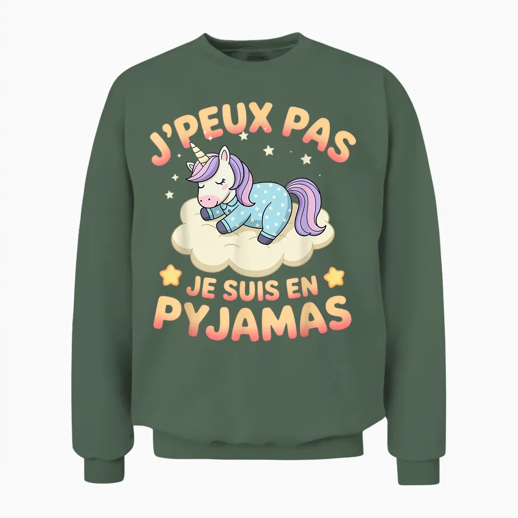 Je Peux Pas Je Suis En Pyjama Unicorn Funny Relaxation Unisex Sweatshirt in Military Green