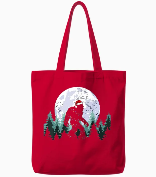 Christmas Bigfoot Sasquatch Tree Lights Funny Xmas Men Boys Tote Bags in Red
