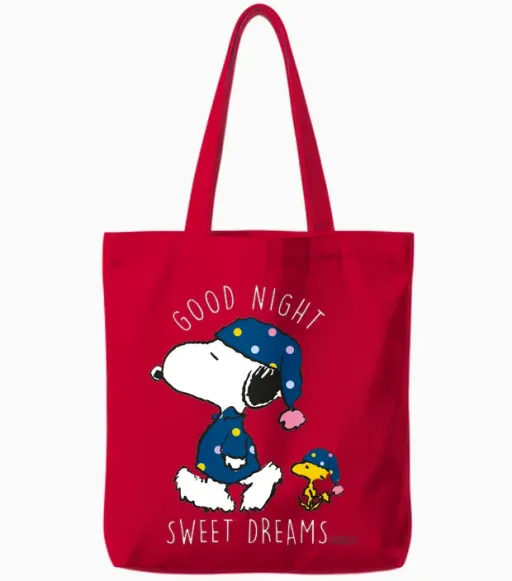 Peanuts - Snoopy Good Night Sweet Dreams Long Sleeve Shirt, Black, S Tote Bags in Red