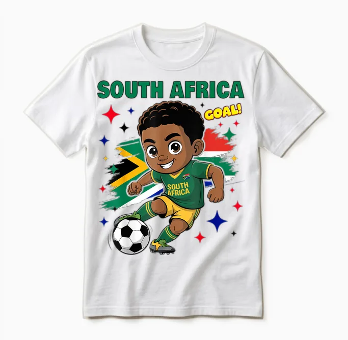Südafrika Kid Goal Cartoon Südafrika Flagge Für Kinder Unisex T-Shirt in White