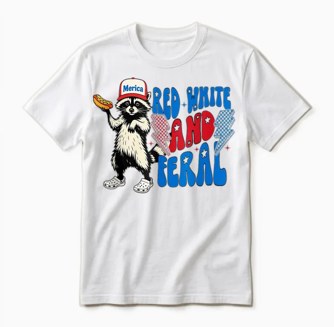 Funny Raccoon 4th of July Patriotic Cute Red White and Feral Unisex T-Shirt in White