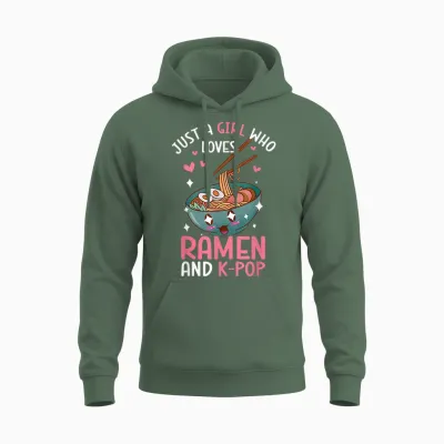 Just a Girl Who Loves Ramen and K-Pop Graphic Teen Girls Unisex Hoodie - Military Green