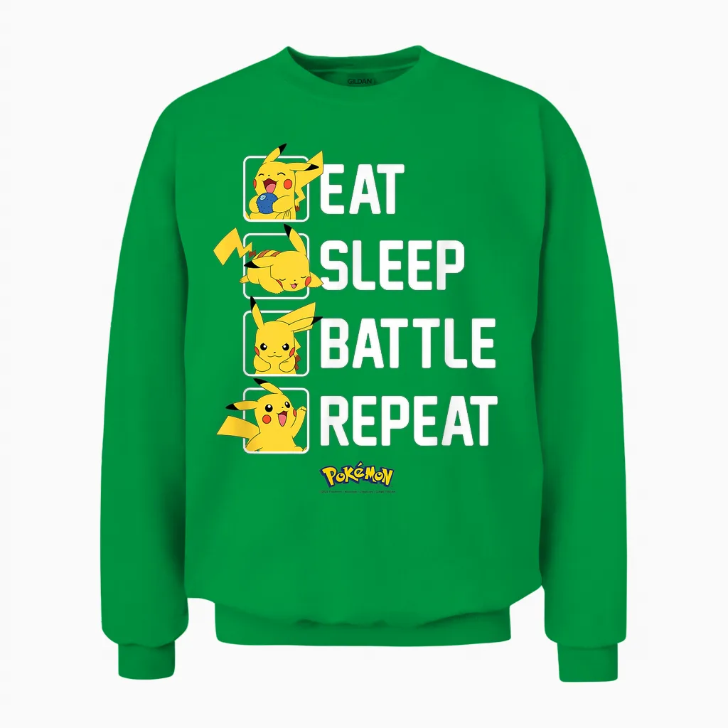 Pokémon - Eat Sleep Battle Repeat Pikachu Unisex Sweatshirt in Irish Green