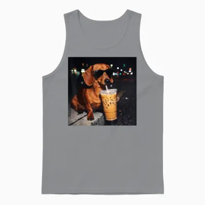 Funny Dachshund Drinking Iced Coffee Lover Humor Unisex Tank Top - Sport Grey