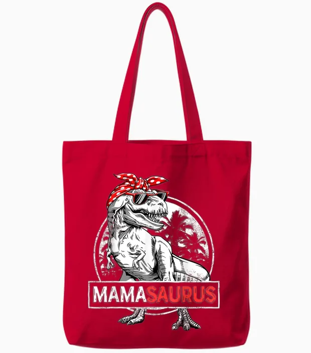 Mamasaurus T Rex Dinosaur Funny Mama Saurus Mother's Family Tote Bags in Red