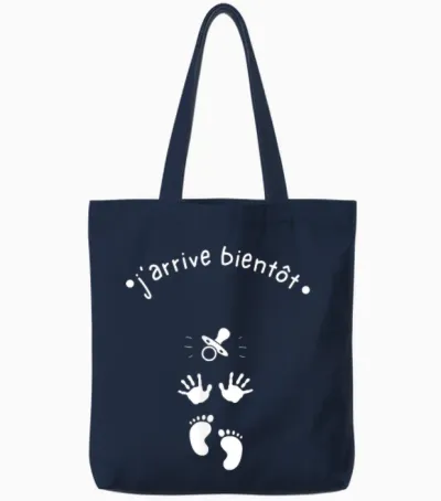 J'arrive Bientôt - Baby Shower T-Shirt, Black, S Tote Bags - Navy