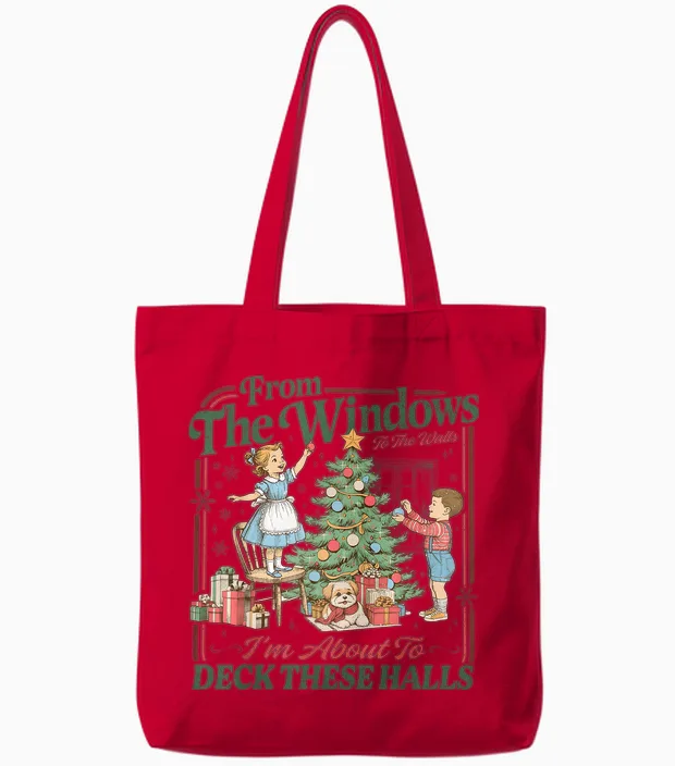 From the Windows to Walls I'm About Deck These Halls Xmas Tote Bags in Red