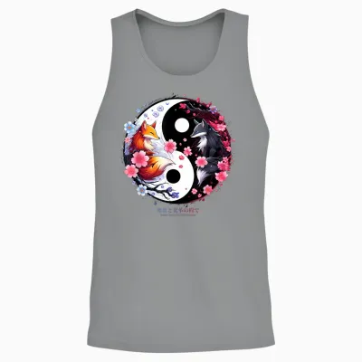 Kitsune Sakura Flower Blossom in Ying Yang Sakura Aesthetic T-Shirt, Black Unisex Tank Top - Sport Grey