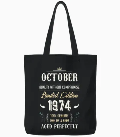 October 1974 Vintage Birthday Present Tote Bags - Black