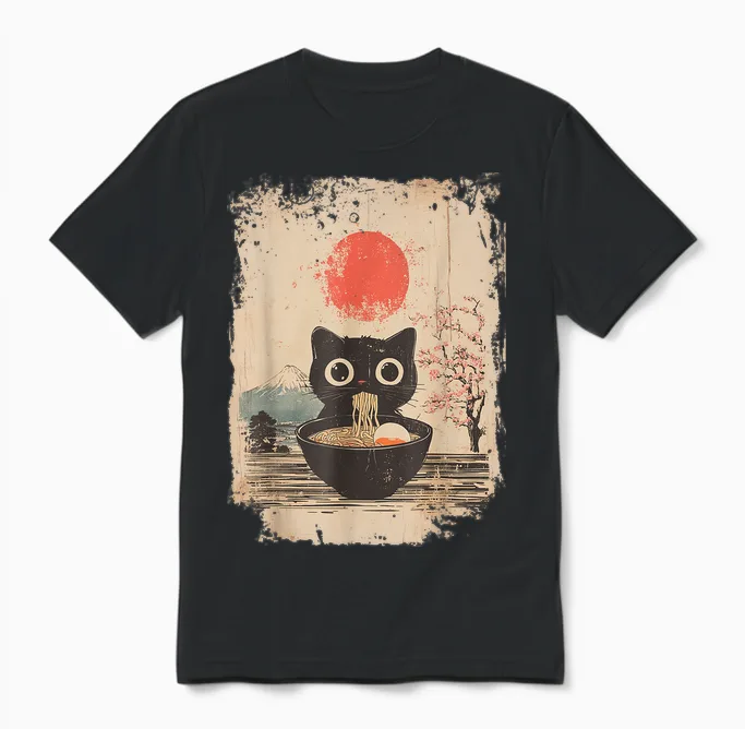 Lustige Kawaii Schwarze Katze Isst Ramen Nudeln Schüssel Unisex T-Shirt in Black