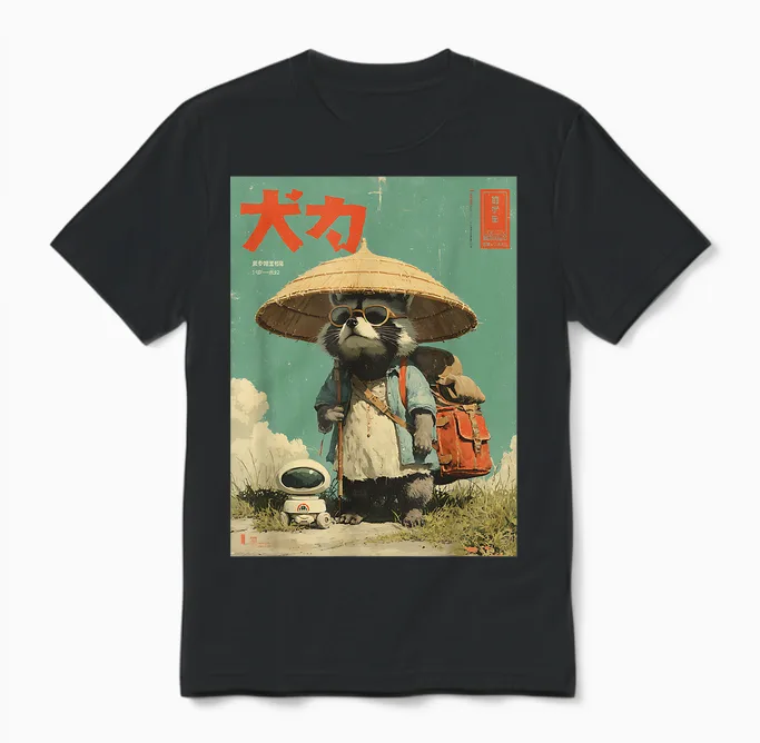 Vintage Retro Japanese Geeky Raccoon Hiking with Robot Unisex T-Shirt in Black