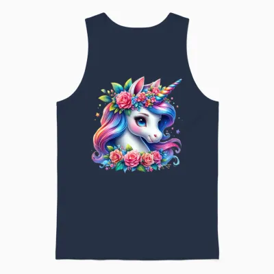 Cute Unicorn with Rainbow Mane Flowers Unicorn Unisex Tank Top - Navy