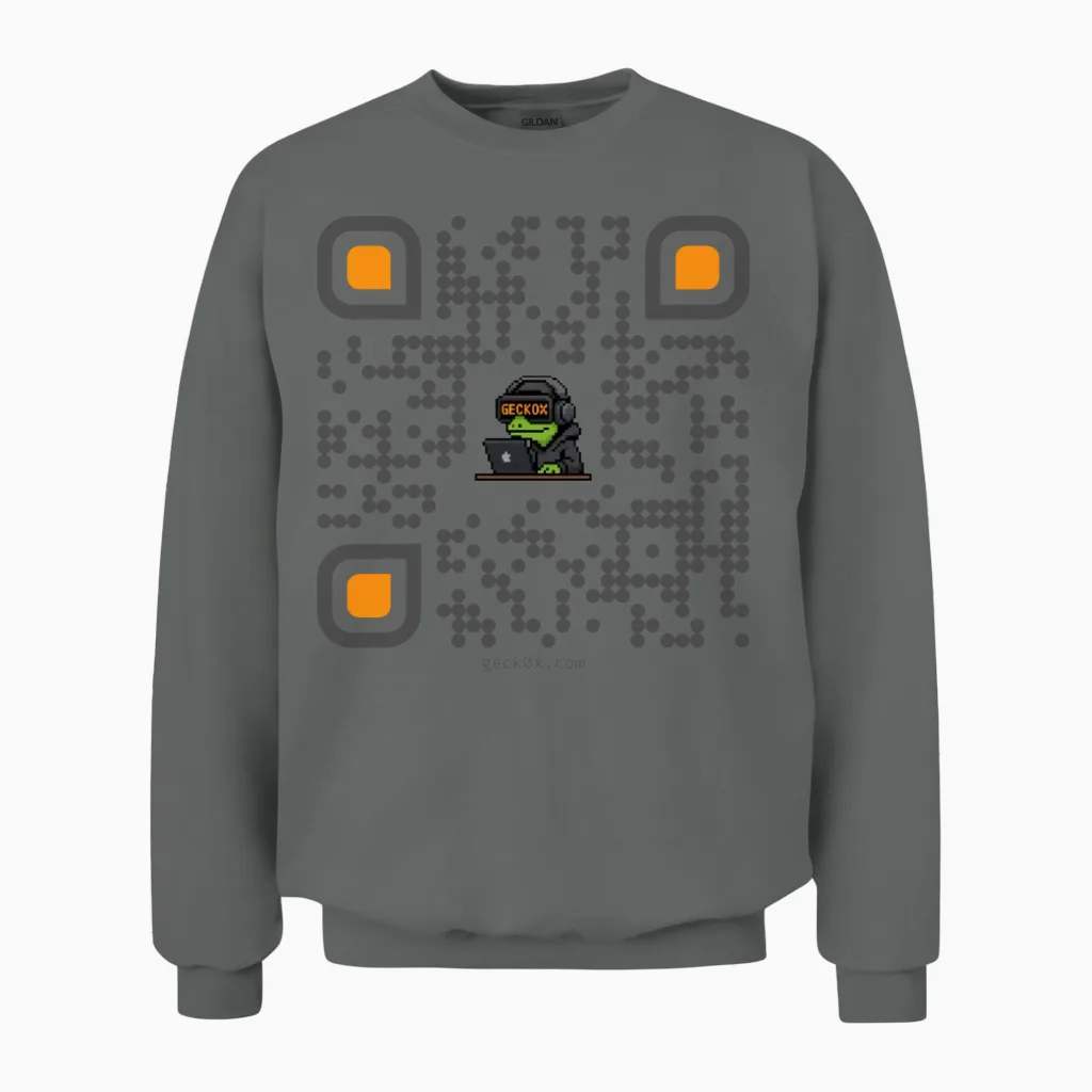 Decentralized Intel: Scannable Geck0x.com Qr Code Unisex Sweatshirt in Graphite Heather