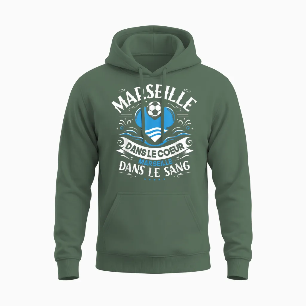 Gift Marseillais Funny Heart Marseille Football T-Shirt, Black Unisex Hoodie in Military Green