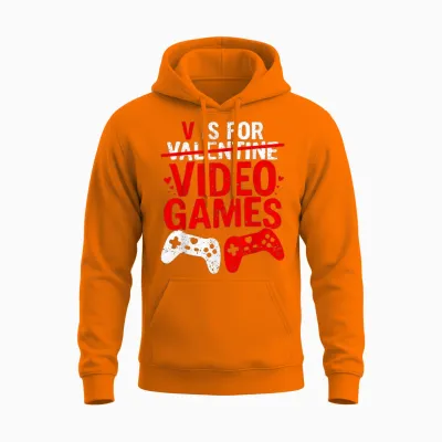 V Is for Video Games Funny Valentines Gamer Boy Men Unisex Hoodie - Safety Orange