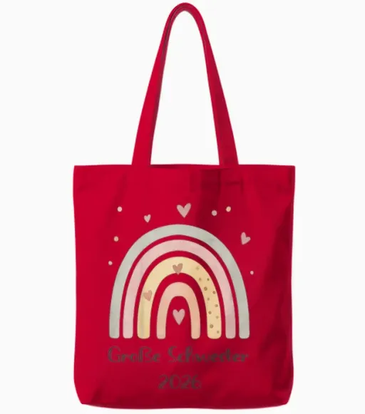 Children's Big Sister 2026 Rainbow Heart Motif Tote Bags - Red