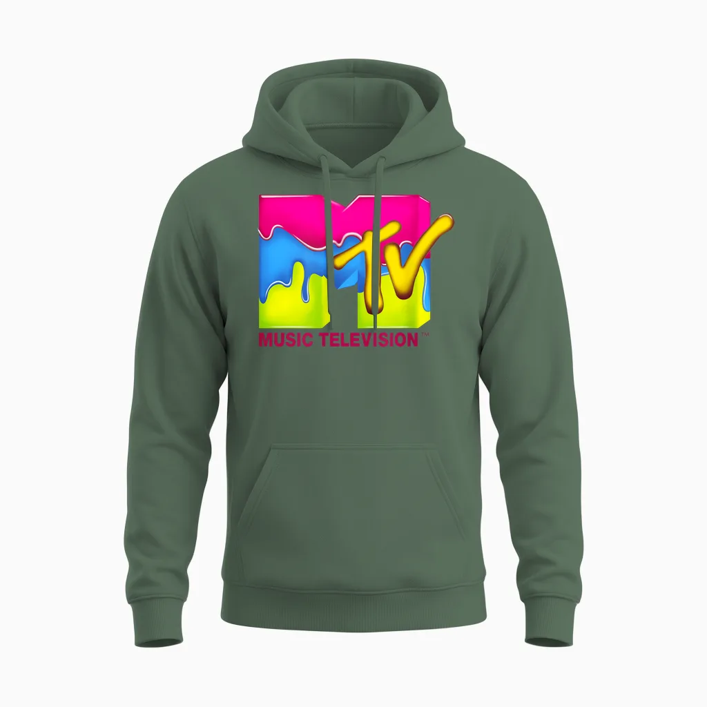 Mtv Neon Paint Drip Retro Logo T-Shirt, Black, S Unisex Hoodie in Military Green