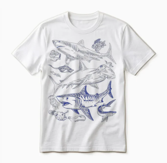 Shark Species Vintage Illustration - Hammerhead Shark Tiger Shark T-Shirt, White Unisex T-Shirt in White