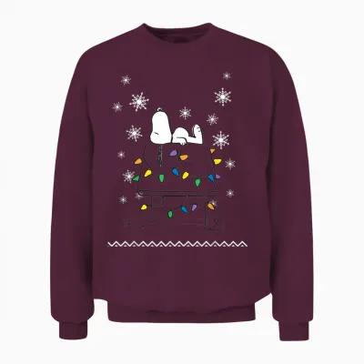 Peanuts Holiday Snoopy Dog House Lights Short Sleeve Unisex Sweatshirt - Maroon
