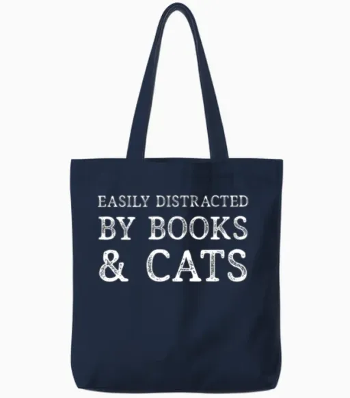 Easily Distracted by Books and Cats Tote Bags in Navy