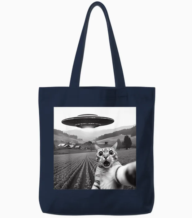 Cat Selfie with Alien Ufo Funny Cat Gifts for Men Women Kid Tote Bags in Navy