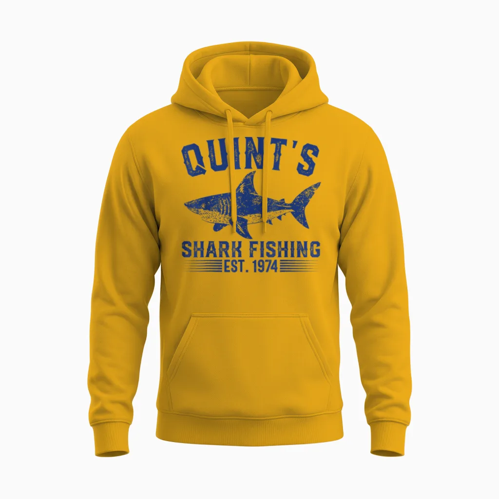 Vintage Quint's Shark Fishing 1974 Retro Fisher Birthday Unisex Hoodie in Gold