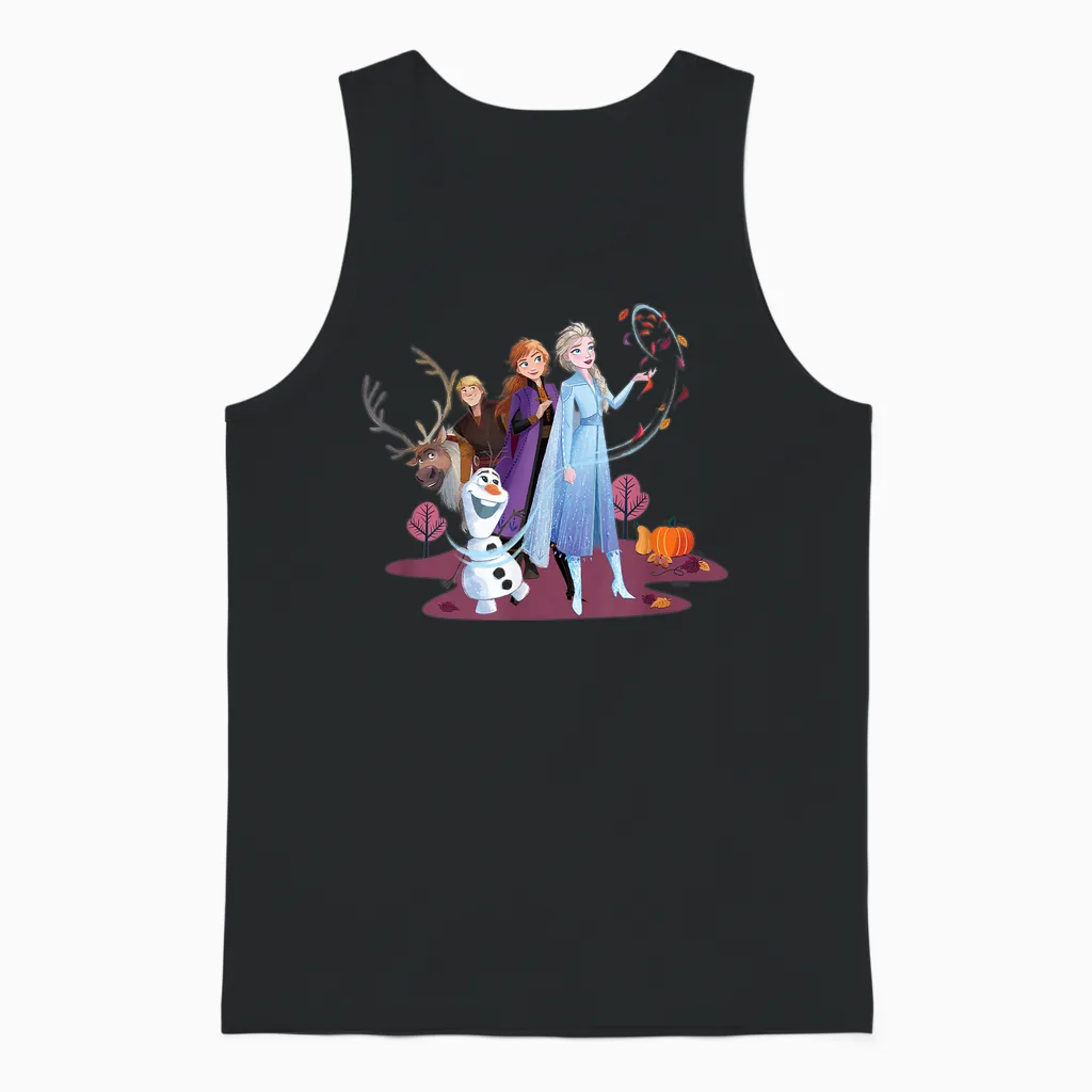Disney Princess Frozen Elsa Anna Olaf Sven and Kristoff Fall T-Shirt, Black Unisex Tank Top in Black
