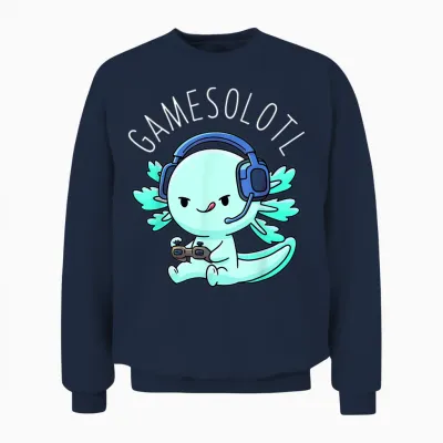 Otaku Lifestyle Threads Shirt Co. Gamesolotl Axolotl Gamer Anime Gifts Kawaii Boys Girls T-Shirt, Black Unisex Sweatshirt - Navy