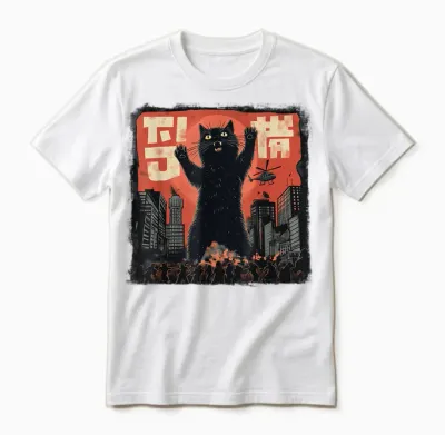 Vintage Japanese Cat Kaiju Monster Art Japan Retro Style T-Shirt, Black Unisex T-Shirt - White