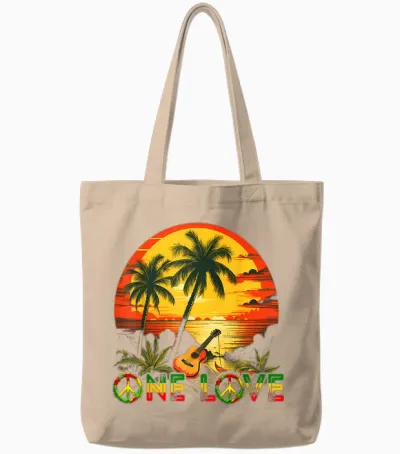 Rasta Reggae Sunset Guitarist Guitar Jamaica Reggae Music T-Shirt, Black Tote Bags - Natural