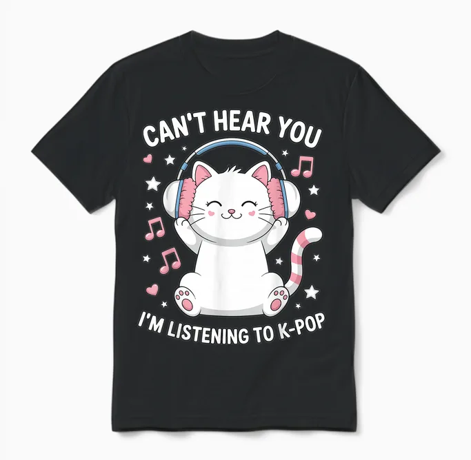 Can't Hear You I'm Listening to K-Pop Lover Cute Cat Kawaii Unisex T-Shirt in Black