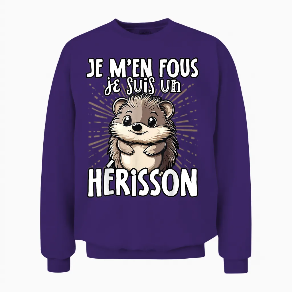 Je M'en Fous Je Suis Un Herisson - Cute Hedgehog T-Shirt, Black, S Unisex Sweatshirt in Purple