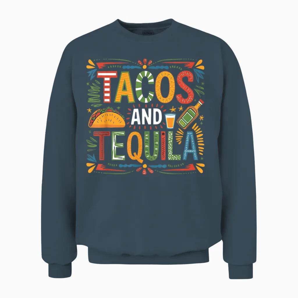 Tacos and Tequila Funny Drinking Taco Mexican Food Lover Unisex Sweatshirt in Dark Heather
